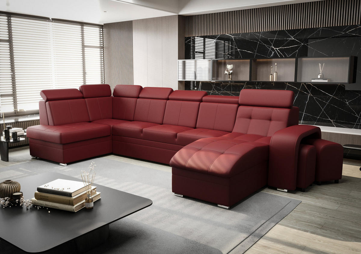WOHNLANDSCHAFT KONGO RBN13, Eckcouch in U-Form mit Schlaffunktion, Farbe: Rot, Kunstleder, Ottomane Rechts - Rot, Textil (392/108/180cm) - O-Sofa