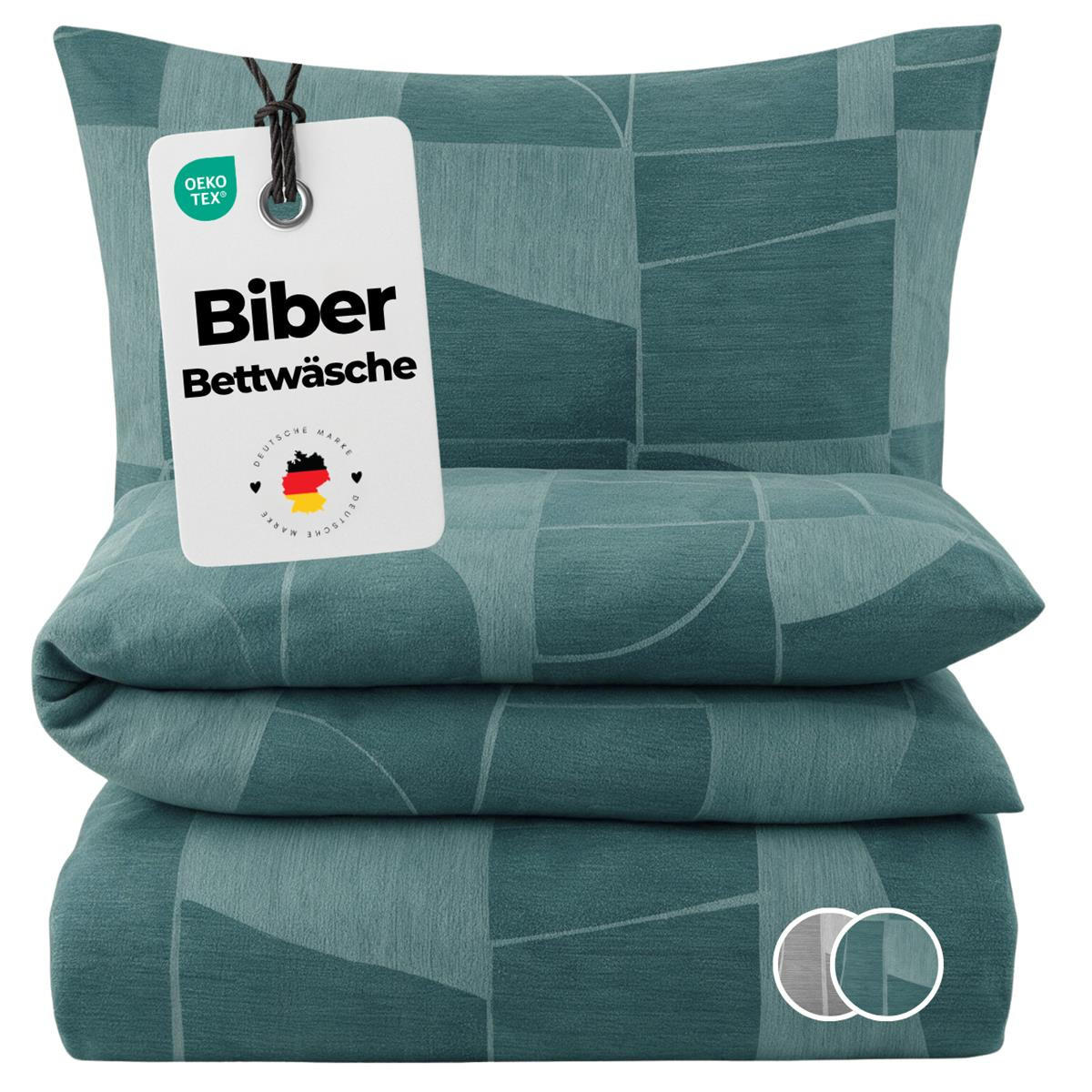 BIBER-BETTWÄSCHE 135x200 - Kuschelig warmer Flanell Bettbezug aus 100% Baumwolle für Herbst & Winter - Muster Grün - Grün, Textil (135/200cm) - Carpe Sonno