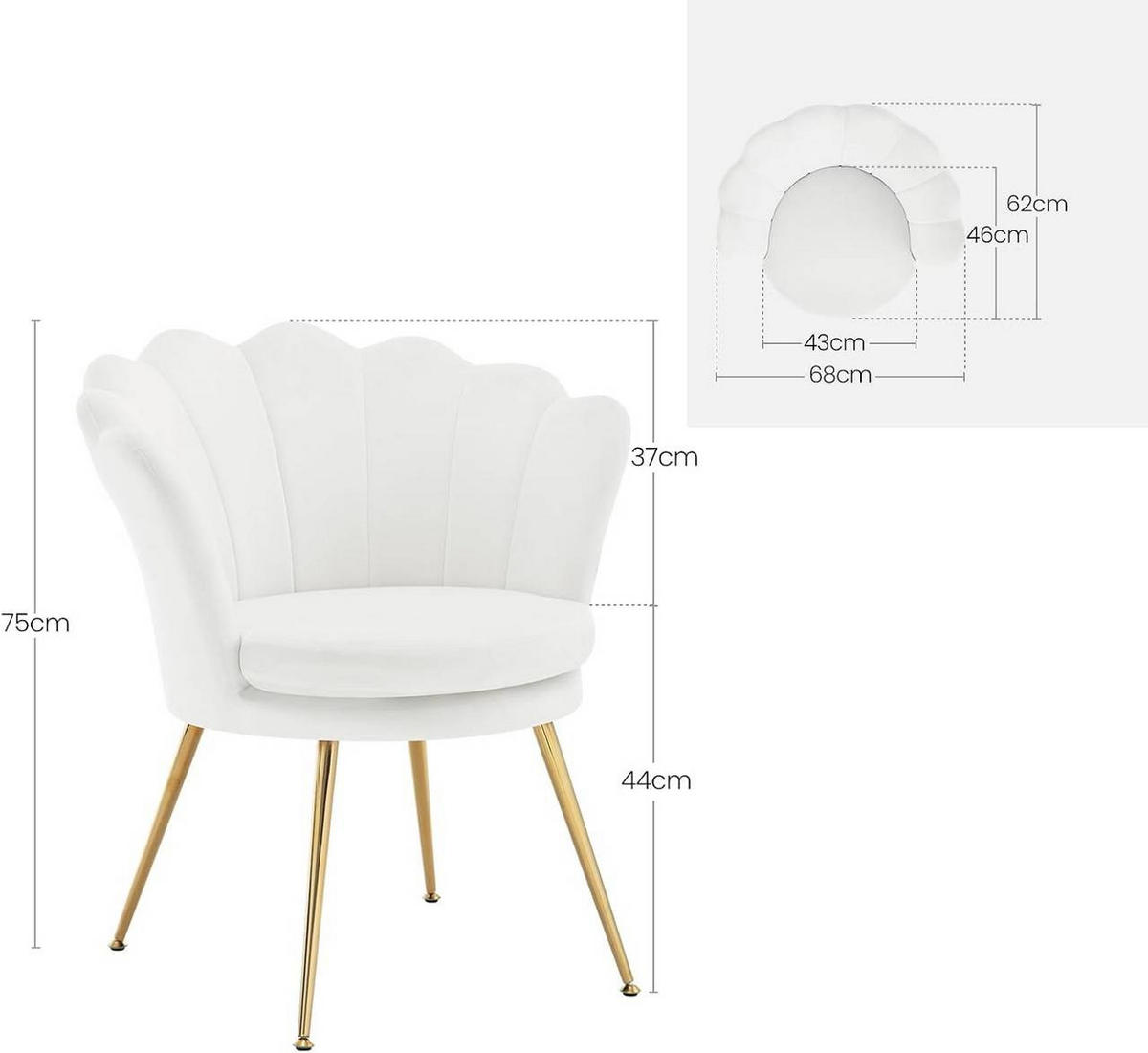 RELAXSESSEL Blumenform, Samtbezug, Weiß+Gold - Goldfarben/Weiß, Textil/Metall (68/75/62cm) - Woltu