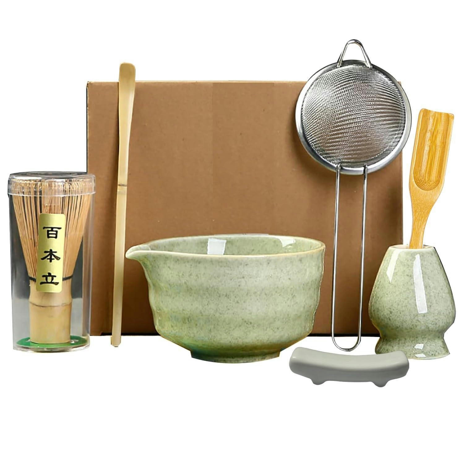 TEEZUBEHÖR 7-teiliges Set Matcha Schale mit Ausguss und Bambusbesen - Grün, Keramik (12.5/1.5/14cm)