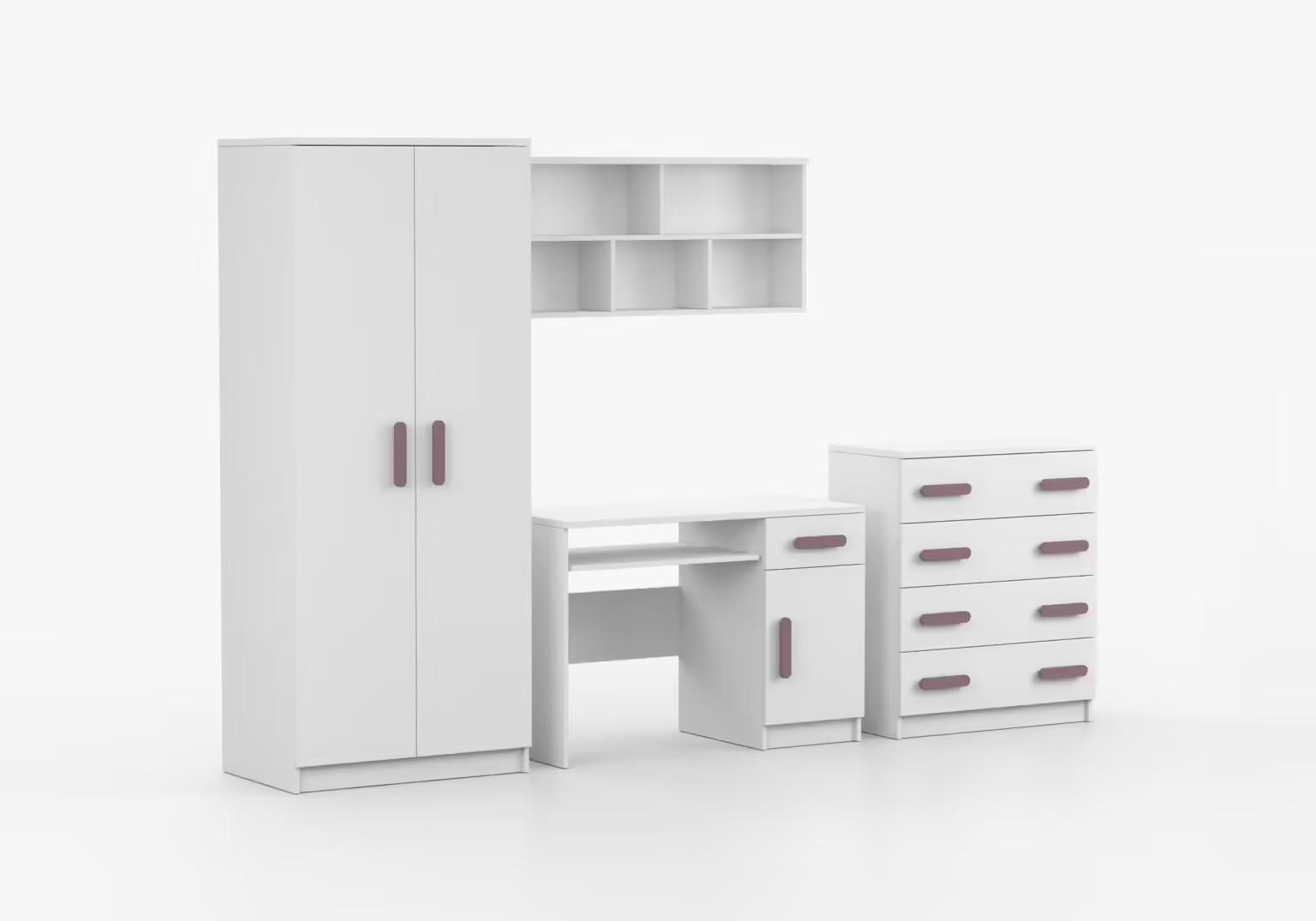JUGENDZIMMER Elora in Weiß – 4-teiliges Set mit Schreibtisch, Kommode, Wandregal und Schrank – Grifffarbe Erika - Weiß, Holzwerkstoff (80/200/120cm)