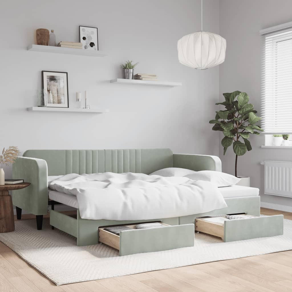 TAGESBETT Ausziehbar mit Schubladen Hellgrau 90x200 cm Samt - Grau, Textil (192.5/75/223cm) - furnicato