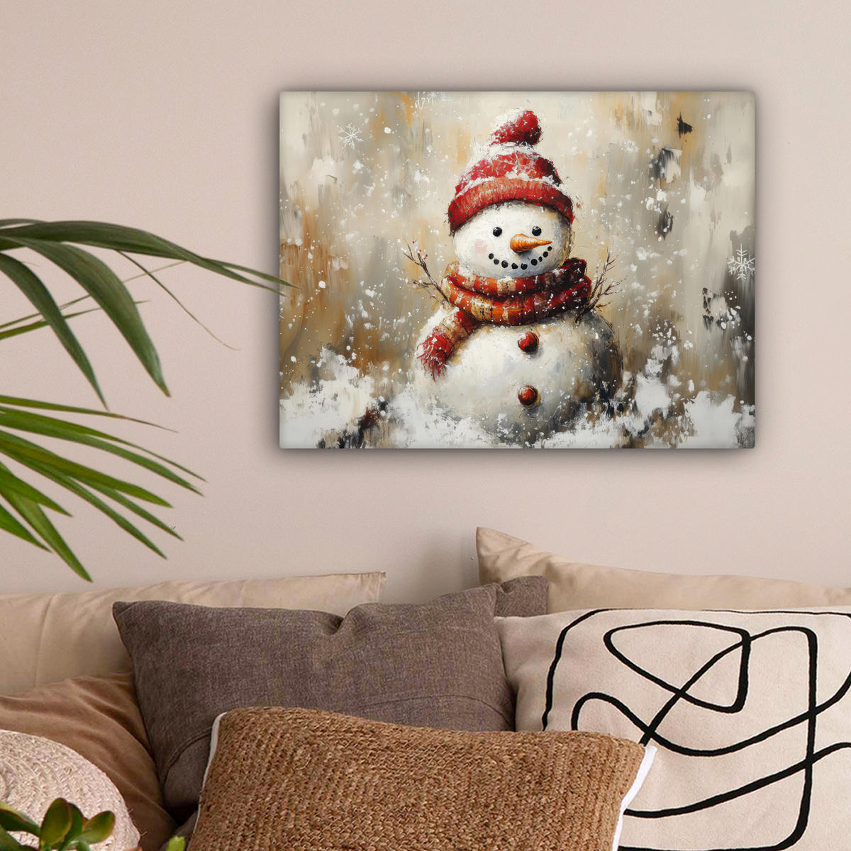 LEINWANDBILD Schneemann - Winter - Schnee - Beige 40x30 cm - Weiß, Textil (40/30cm) - MuchoWow