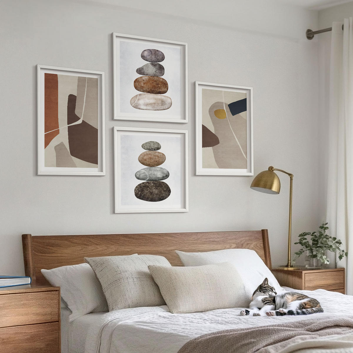 BILDER SET 4er Set - 50x50 cm & 40x60 cm Weißer Rahmen - Abstrakte Boho-Formen - Weiß, Kunststoff (50/50cm) - TULUP