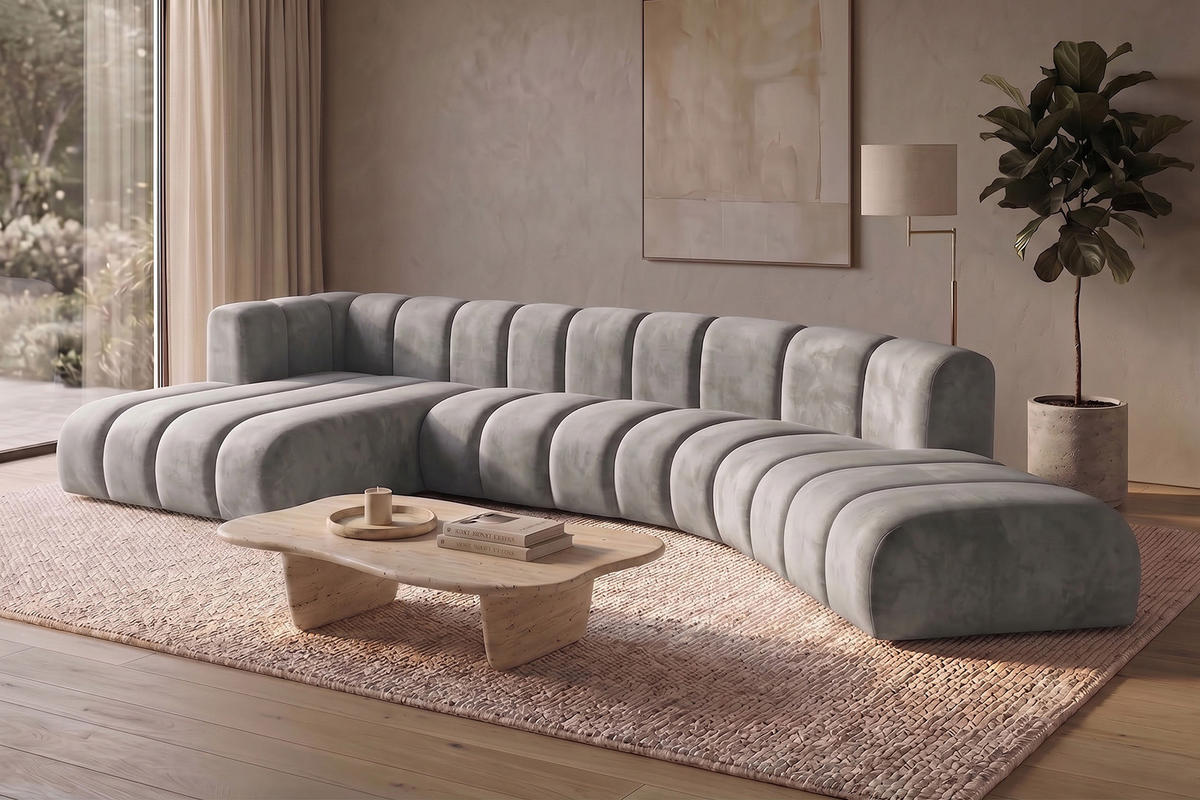 ECKSOFA Modulares In L-Form, Velvet-Stoff Riviera, Grau, Links, GRAND Round - Grau, Holz (445/179cm) - Kaiser Möbel