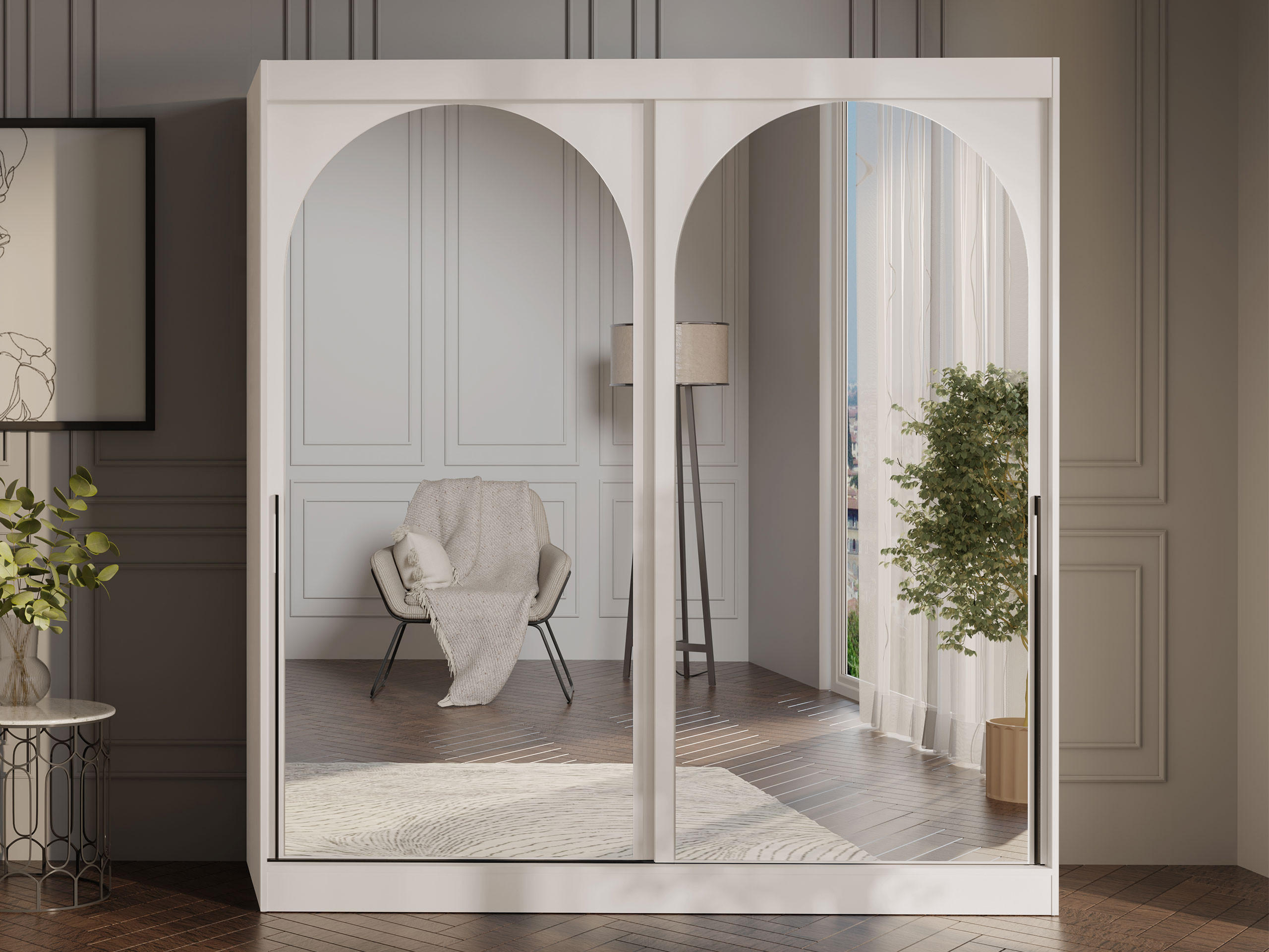 SCHIEBETÜRENSCHRANK Modin 200 - Kaschmir/Schwarz, Holzwerkstoff/Kunststoff (200/216/65cm) - MIRJAN24