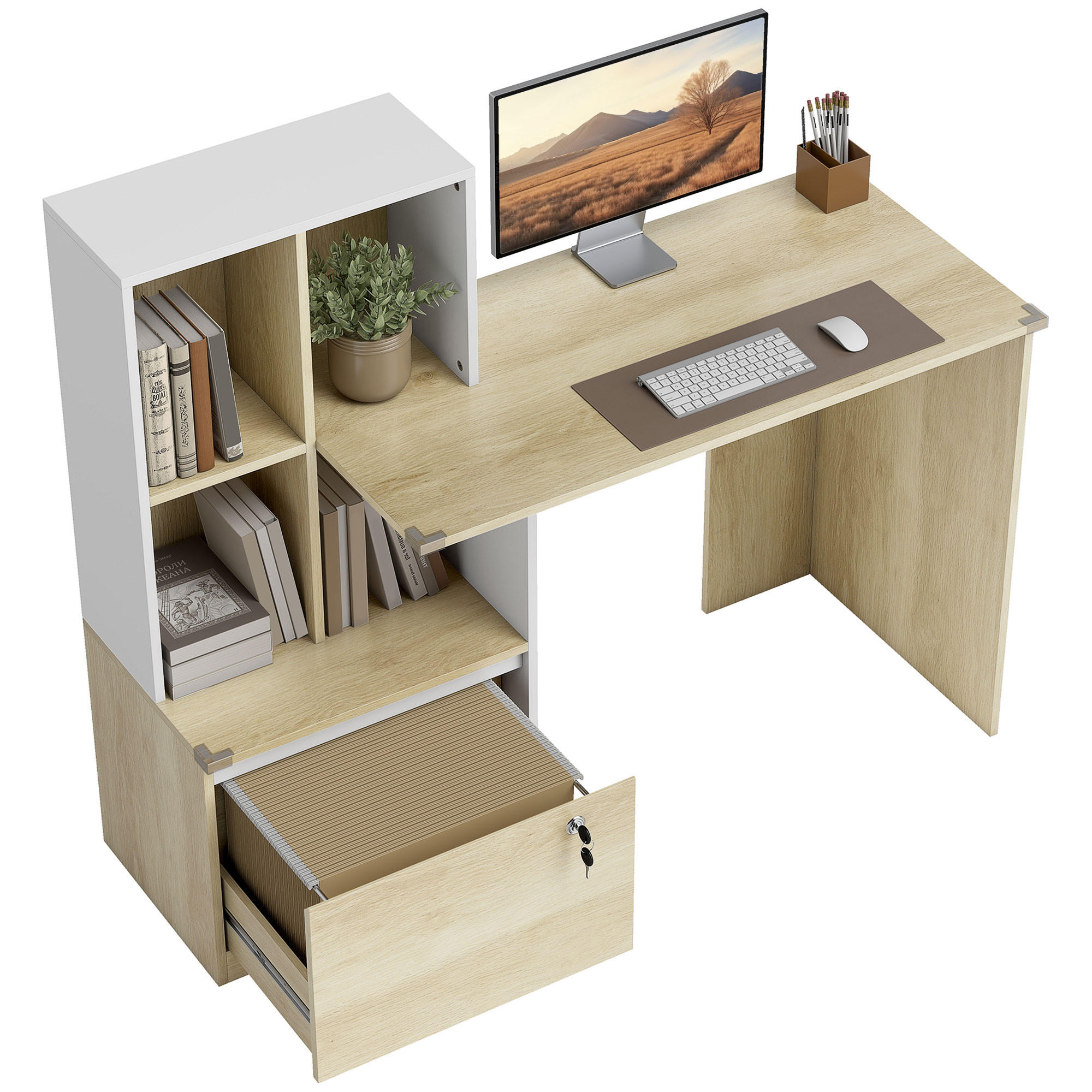 SCHREIBTISCH Weiß und Eichefarben mit Regal und abschließbarer Schublade 126/50/109 cm - Eichefarben, Holzwerkstoff (50/126/109cm) - PANGIVO