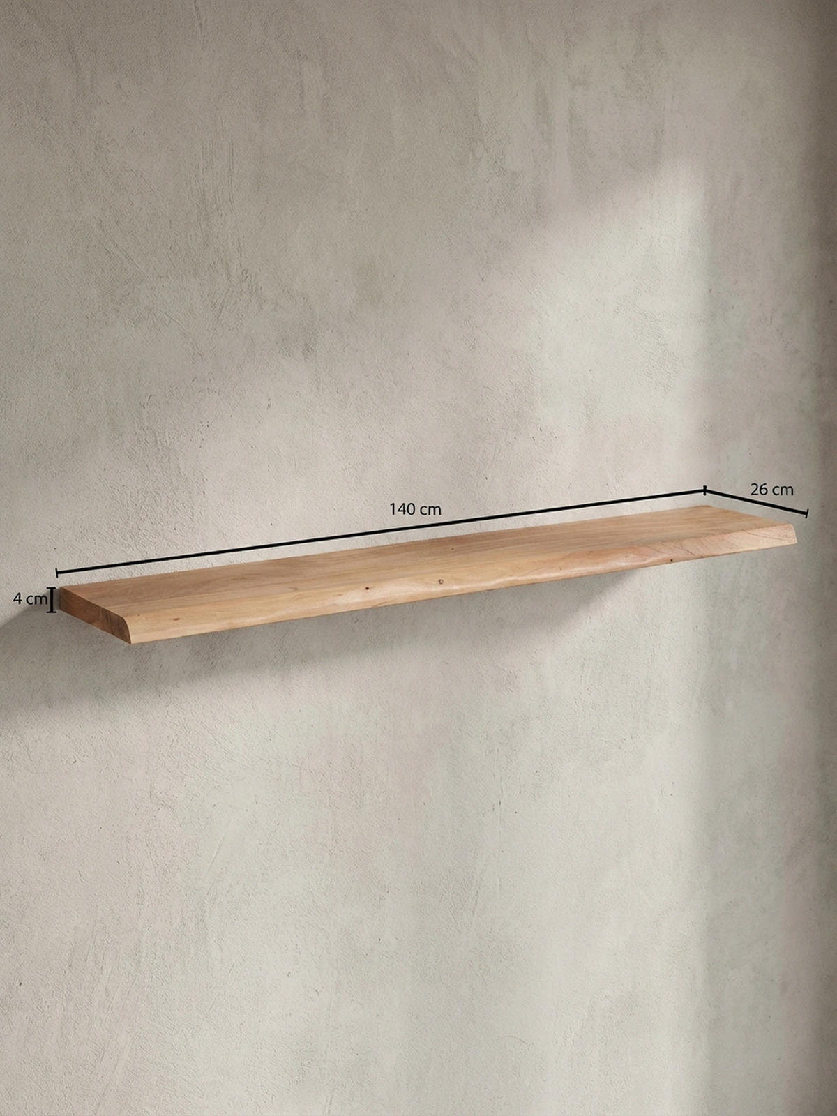 WANDREGAL Akazienholz Baumkante Rustikal, Beige 140x26x4 cm - Beige, Holz (140/4/26cm) - KADIMA DESIGN