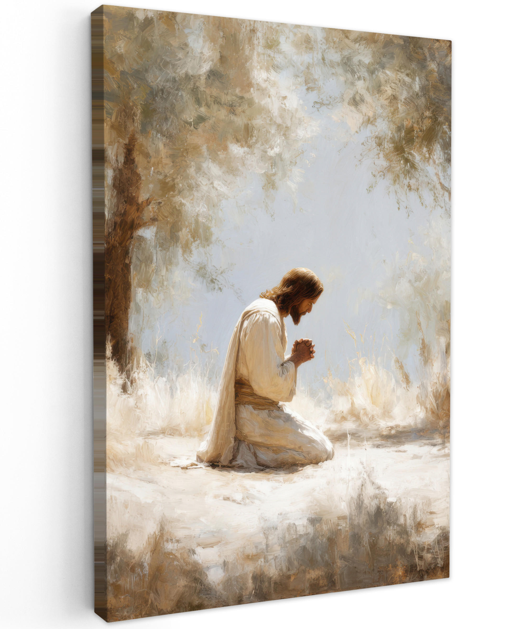 LEINWANDBILD Jesus - Kniend - Waldlandschaft - Betend Deko Groß 90x140 cm - Beige/Hellblau, Textil (90/140cm) - MuchoWow