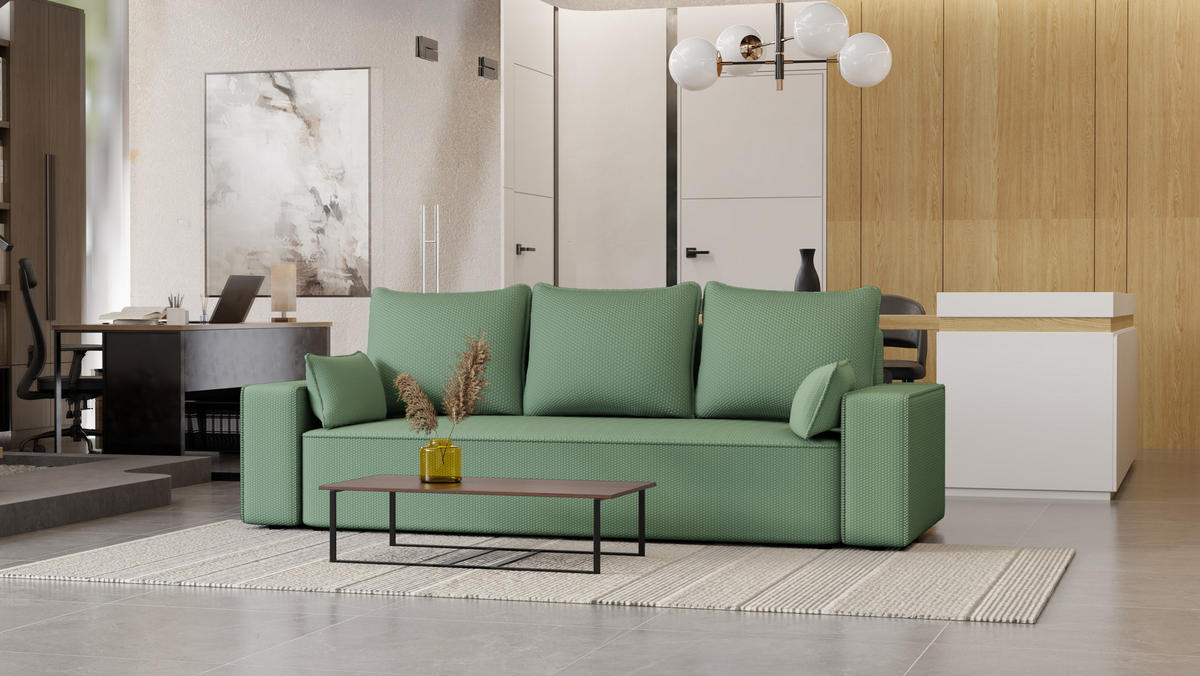 SOFA Vens mit Bettkasten und Schlaffunktion, Cordstoff - Mintgrün, Holzwerkstoff (242/85/95cm)