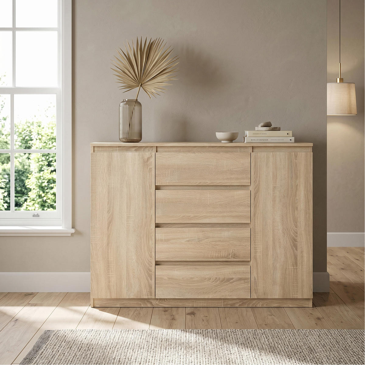 KOMMODE NUDO 120/101,5/39cm mit 4 Schubladen 2 Türen Sonoma Eiche - Sonoma Eiche, Holzwerkstoff (120/101.5/39cm) - MASSENO