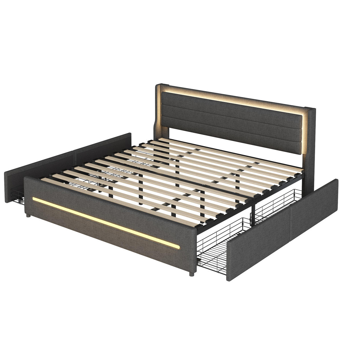 POLSTERBETT 180/200 cm grau mit farbwechselnder LED-Beleuchtung und vier Ablagefächern - Grau, Textil (180/200cm) - OKWISH