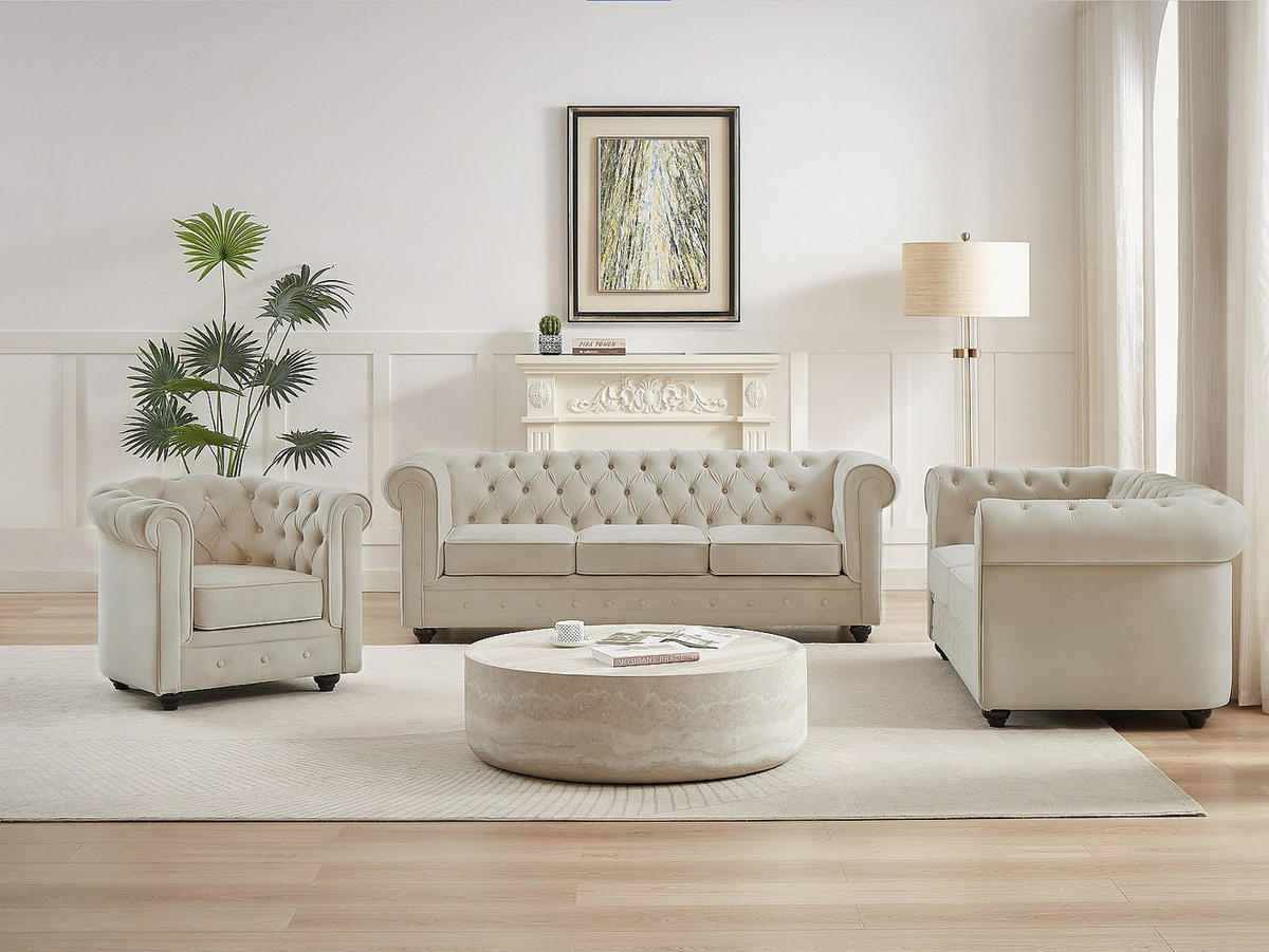 COUCHGARNITUR mit Sessel - 6 Personen - Samt, Stoff - Beige - CHESTERFIELD - Beige, Textil (165/72/78cm) - Vente-Unique