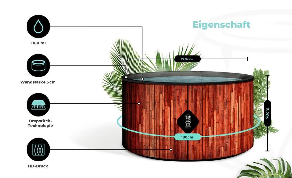 POOL Aufblasbar Ibiza – 180 cm Durchmesser – 1100 Liter – Echtholz-Optik - Braun, Kunststoff (180/70/70cm) - COCO SPA