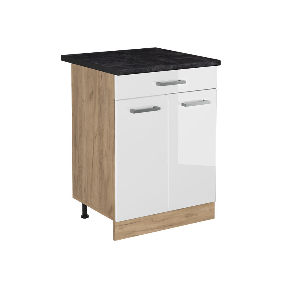 KÖKSUNDERSKÅP R-Line, Vit högblank/Goldkraft ek, 60 cm med låda antracitas stalviršis Vit högglans, Honungsek 81.6/60/60 cm
