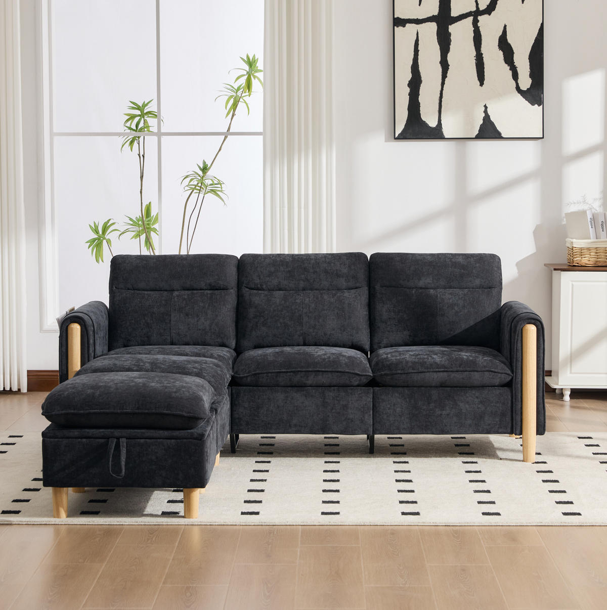 SOFA mit Stauraum-Hocker L-Form 201 cm Chenille Schwarz - Schwarz, Holz (77/201cm) - Meubliv