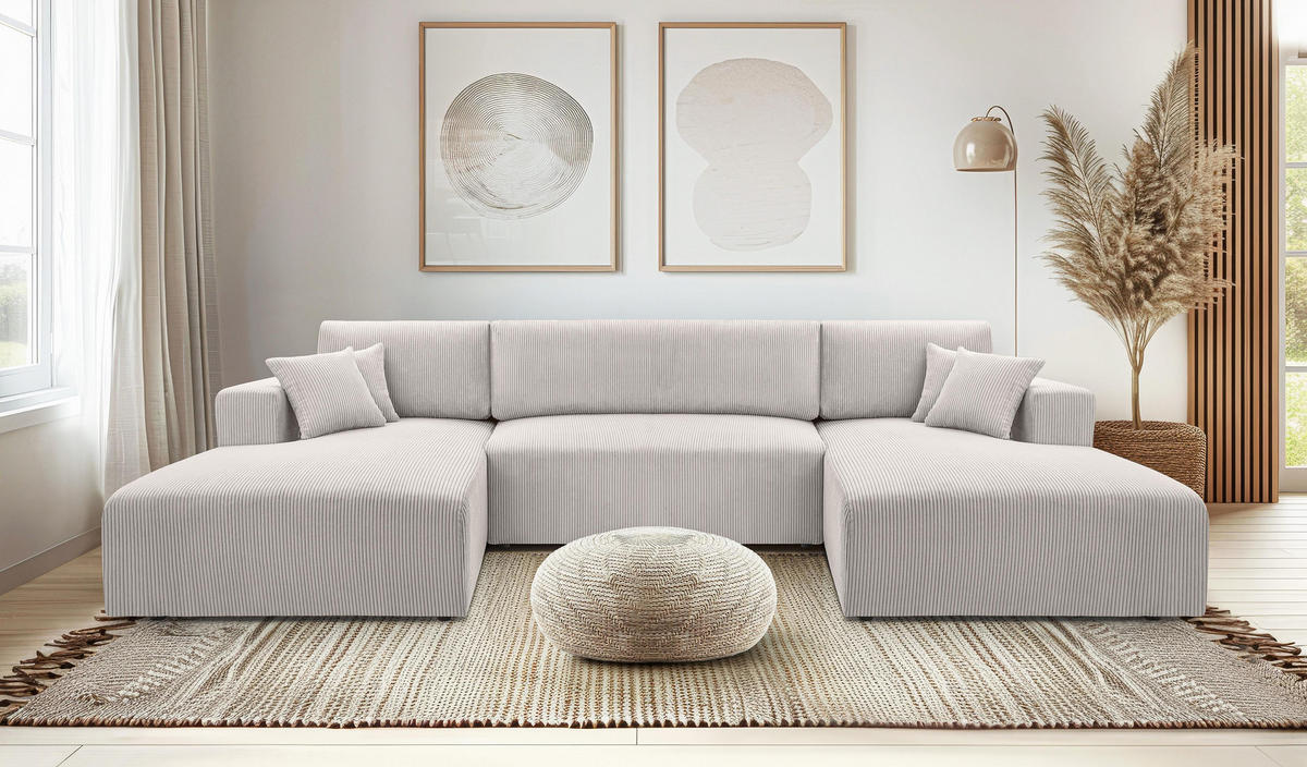 WOHNLANDSCHAFT Catea Weiß 364/145/85 cm mit Schlaffunktion - Creme/Schwarz, Kunststoff/Textil (364/84/145cm) - AX Living