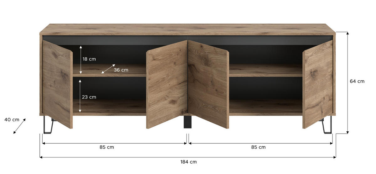 TV-LOWBOARD Eiche Viking 184 cm, Flat-TV Unterschrank mit Komforthöhe und Soft-Close - Eichefarben/Schwarz, Holz/Holzwerkstoff (184/64/40cm) - Inn.Furn