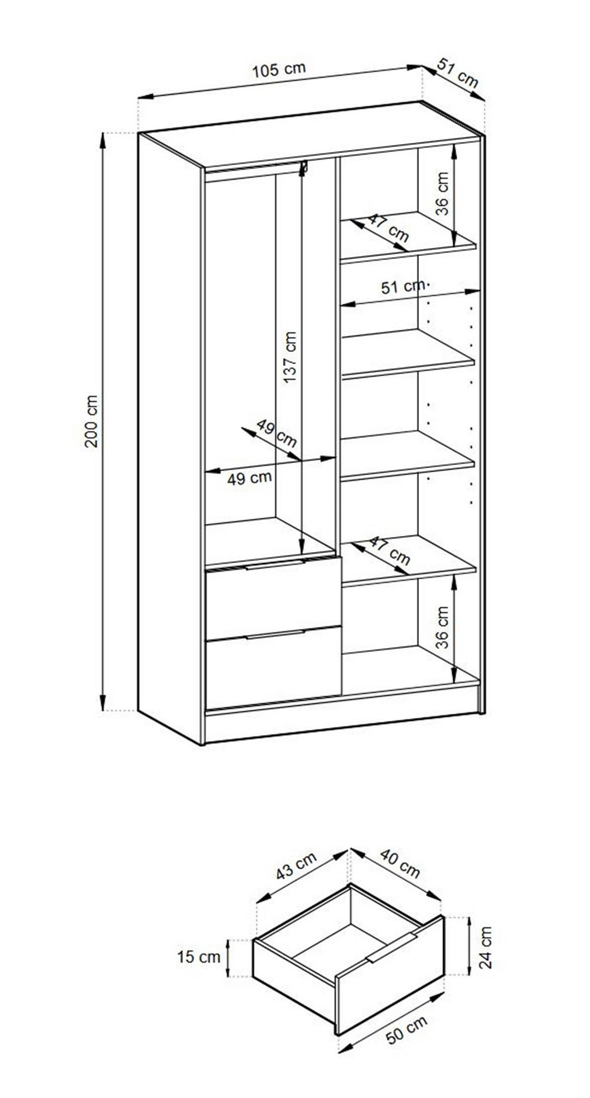 SCHRANK Grafit KELLY Zweitürig Mit Lamellen 105 cm - Graphitfarben, Holzwerkstoff (105/200/51cm) - Sepro Meble