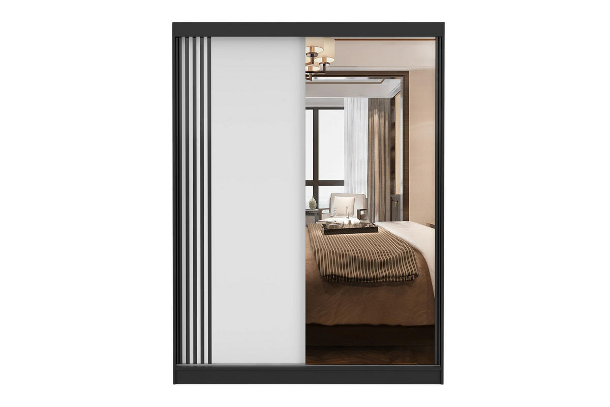 SCHWEBETÜRENSCHRANK VELMA 07 150/200 in Schwarz/Weiß mit Spiegel und LED - Schwarz/Weiß, Holzwerkstoff (150/61/200cm) - Deine Möbel 24