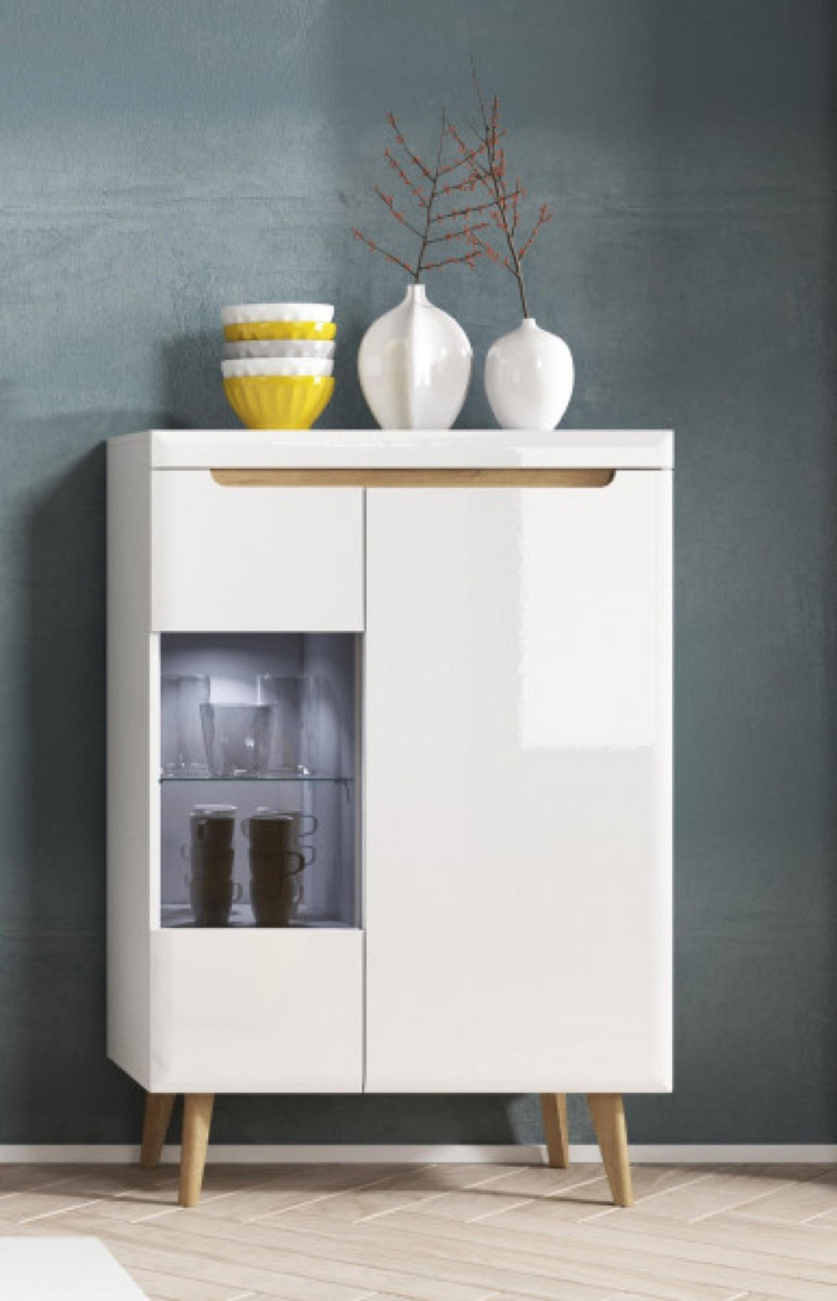 VITRINE Weiß Riviera Eiche Nordan LED 90 cm - Eichefarben/Weiß, Holzwerkstoff (90/134/40cm) - Sepro Meble