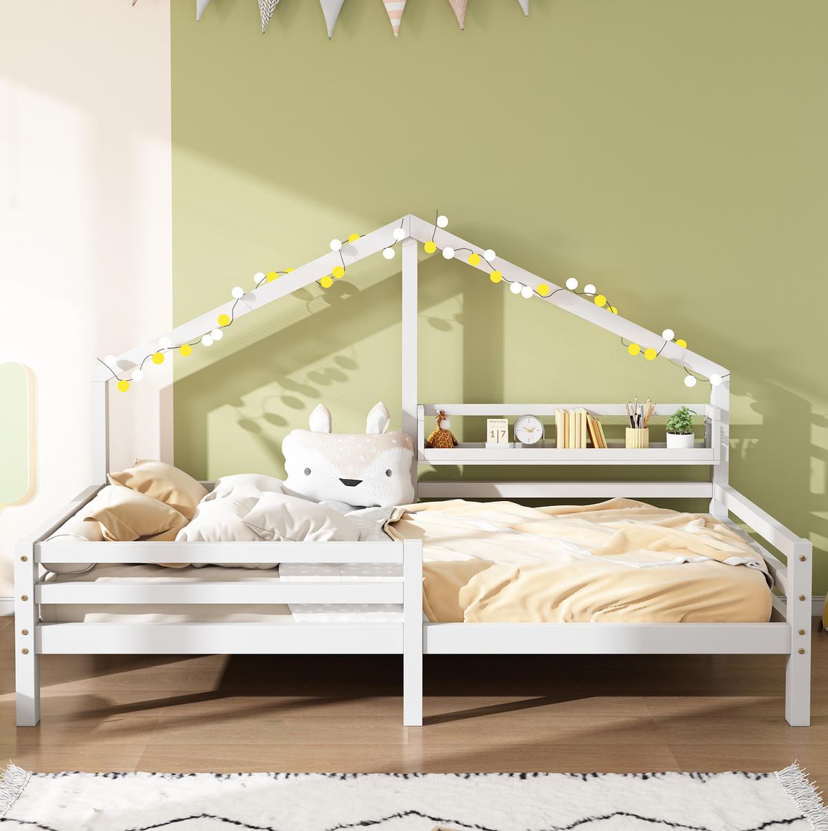 KINDERBETT 90/200 cm aus Kiefernholz mit Bücherregal und Rundum-Schutz, Weiß - Weiß, Holzwerkstoff (90/200cm) - Redom