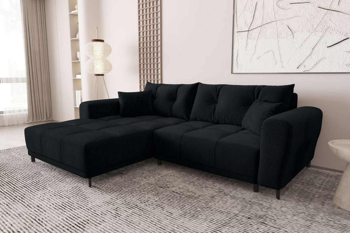 ECKSOFA Massimo Cordstoff Schwarz inkl. Schlaffunktion Links - Schwarz, Textil/Metall (246/177cm) - 99rooms