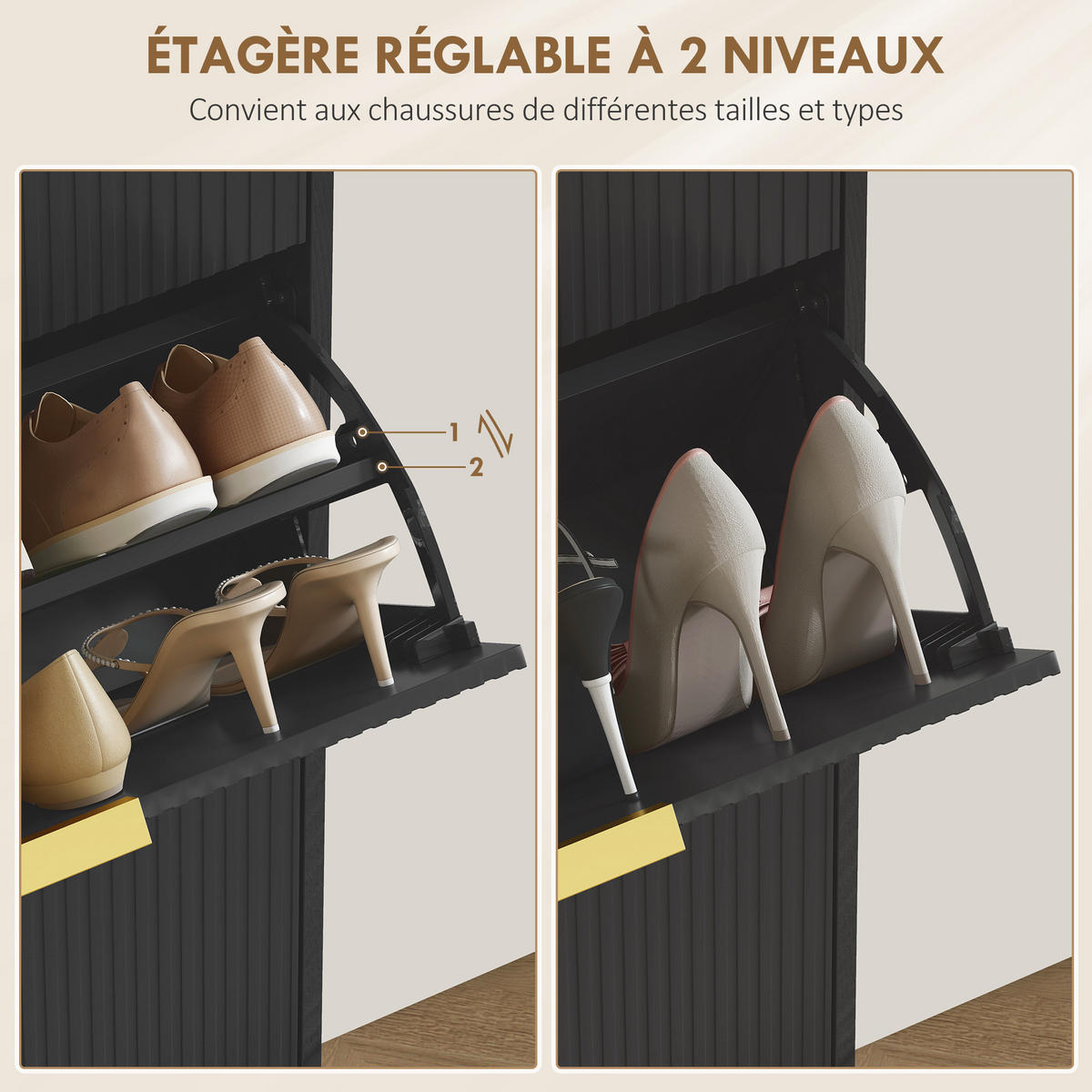SCHUHSCHRANK Schwarz MDF und Stahl klappbar mit 3 Fächern 1 Stück - Schwarz, Holzwerkstoff (60/128/24cm) - PANGIVO