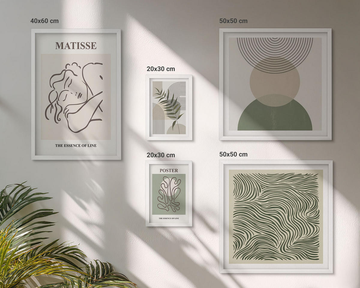 WANDBILDER 5er-Set - 50x50 cm & 20x30 cm & 40x60 cm Weißer Rahmen - Geometrische botanische Muster - Weiß, Kunststoff (40/60cm) - ArtPrintCave