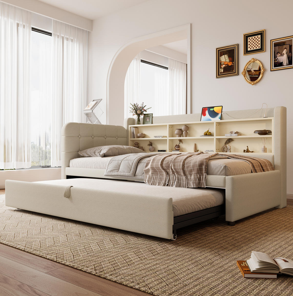 POLSTERBETT aus Leinen 90x200 cm in Beige mit Ausziehbett, USB & Typ-C - Beige, Textil (90/200cm) - Modfu