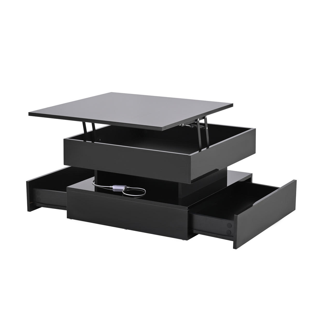 COUCHTISCH DE-132 Anhebbar Schwarz mit LED-Lichtleiste - Schwarz, Holzwerkstoff (65/65/39cm) - ComfortXL