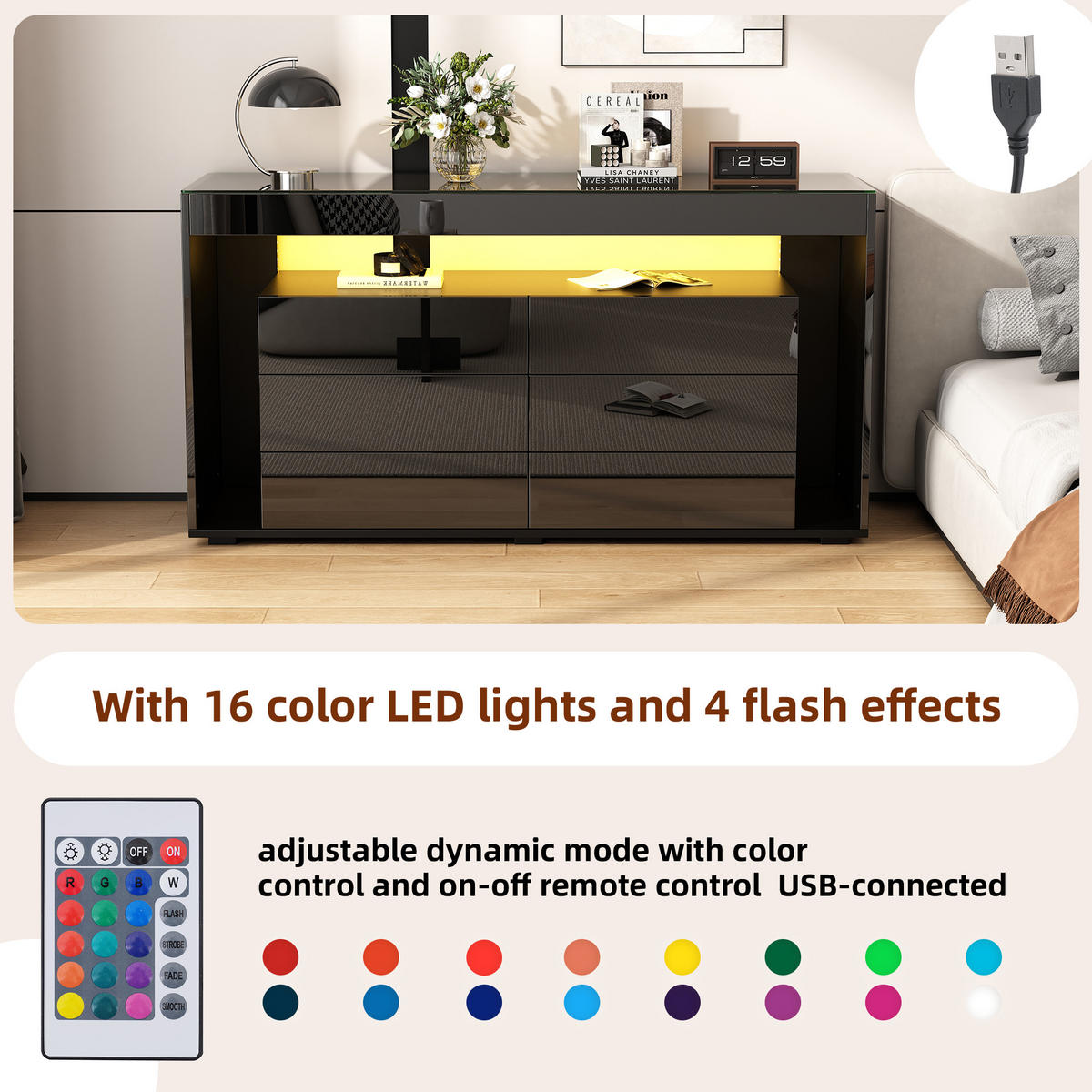 SIDEBOARD mit 6 Schubladen und LED Schwarz - Schwarz, Glas/Holzwerkstoff (40/72/140cm) - Urban Meuble