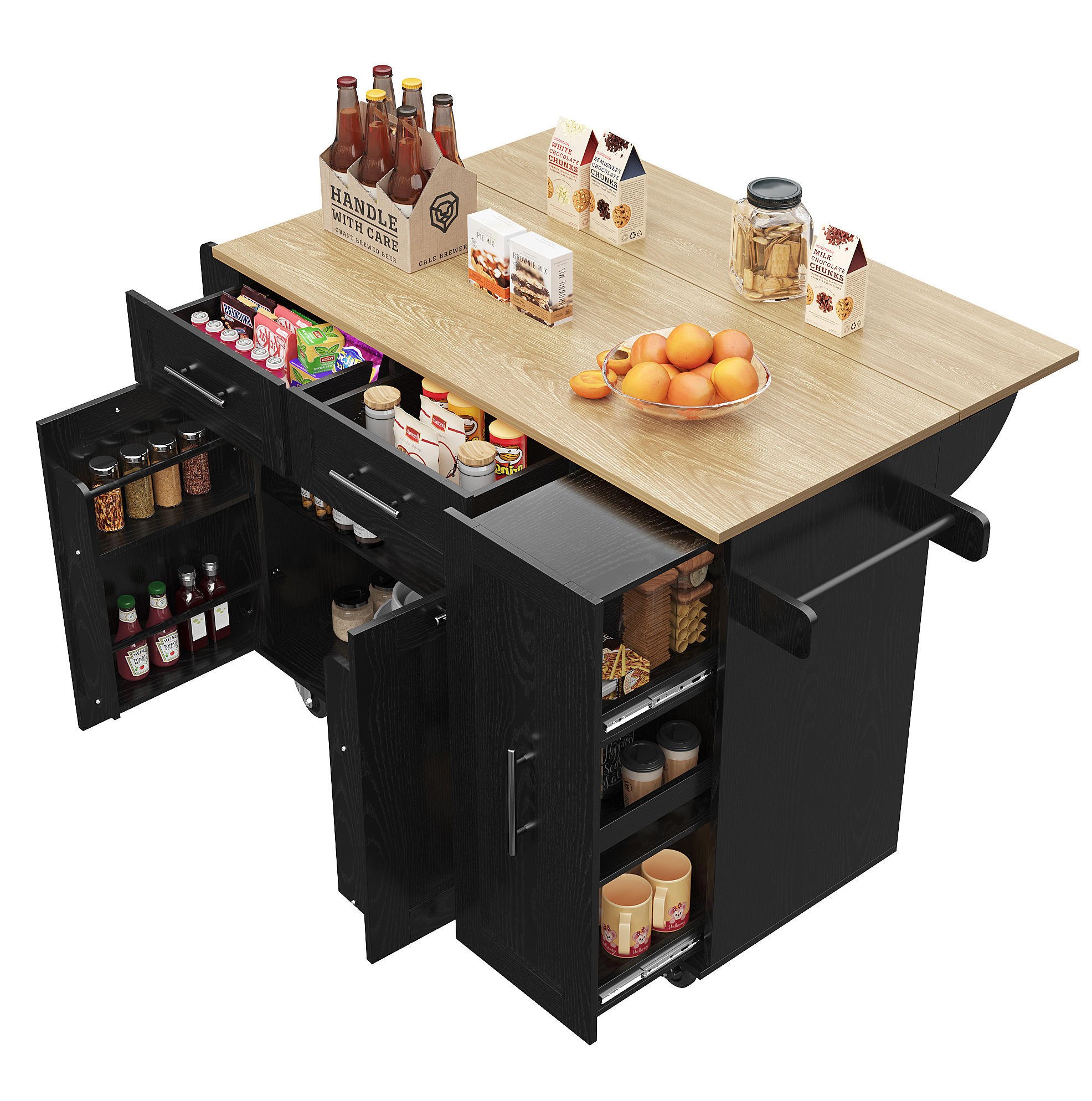 KÜCHENWAGEN MDF mit klappbarer Tischplatte & Stauraum, 110/46/90,5 cm, Schwarz - Schwarz, Holzwerkstoff (110/90.5/46cm) - Redom
