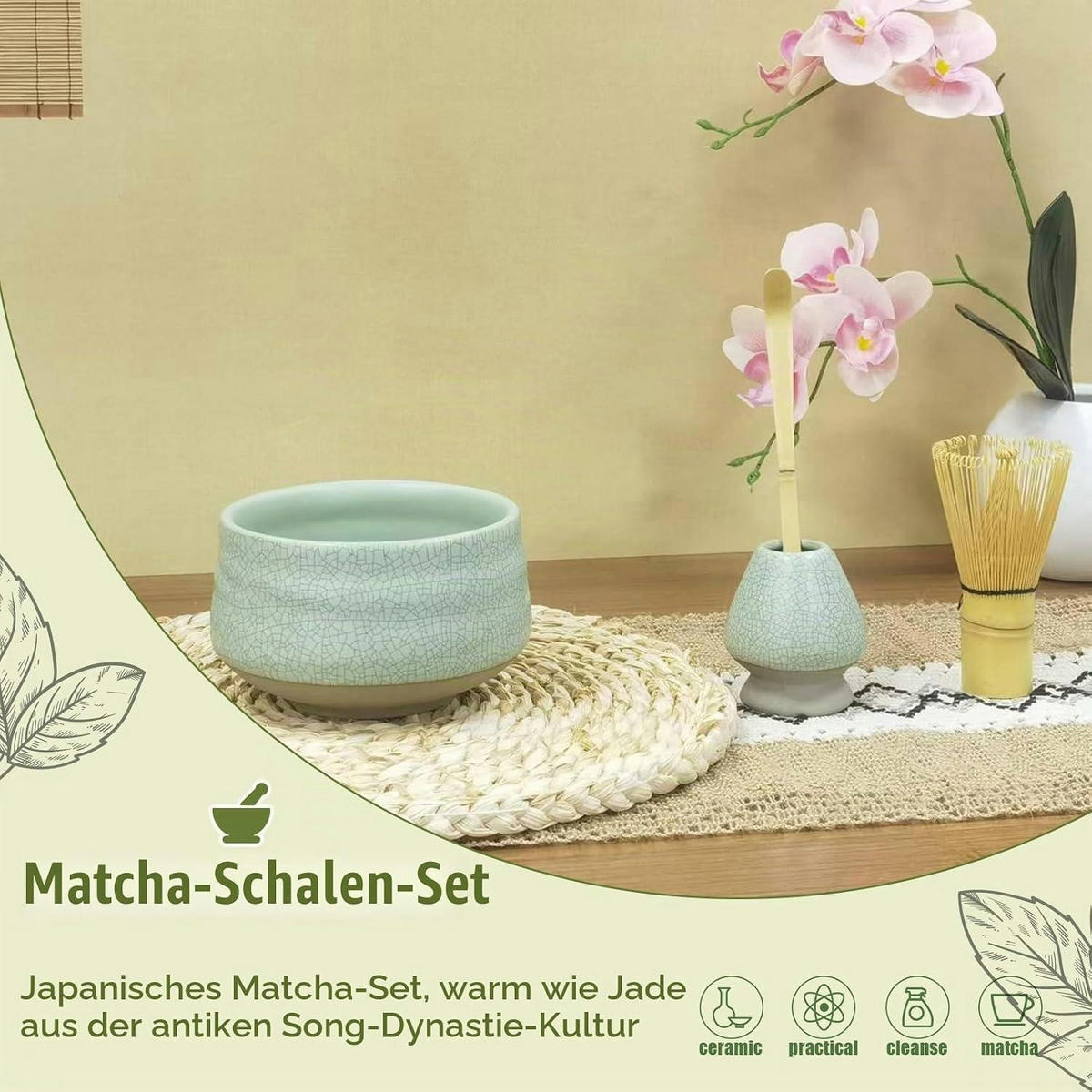 MATCHA Set 4-teiliges Set Grüne Risse - Grün, Keramik (12.8/11/14cm)