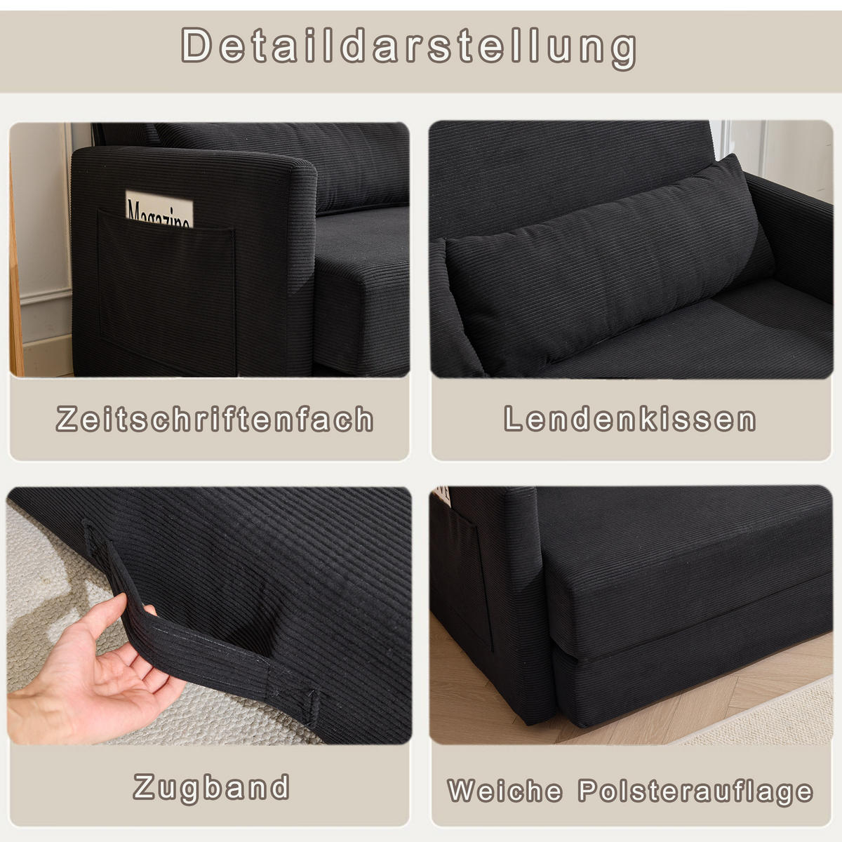 2-SITZER SCHLAFSOFA Cord Schwarz mit 2 Lendenkissen und Magazintaschen - Schwarz, Holzwerkstoff/Textil (165/67/212cm) - WISHDOR
