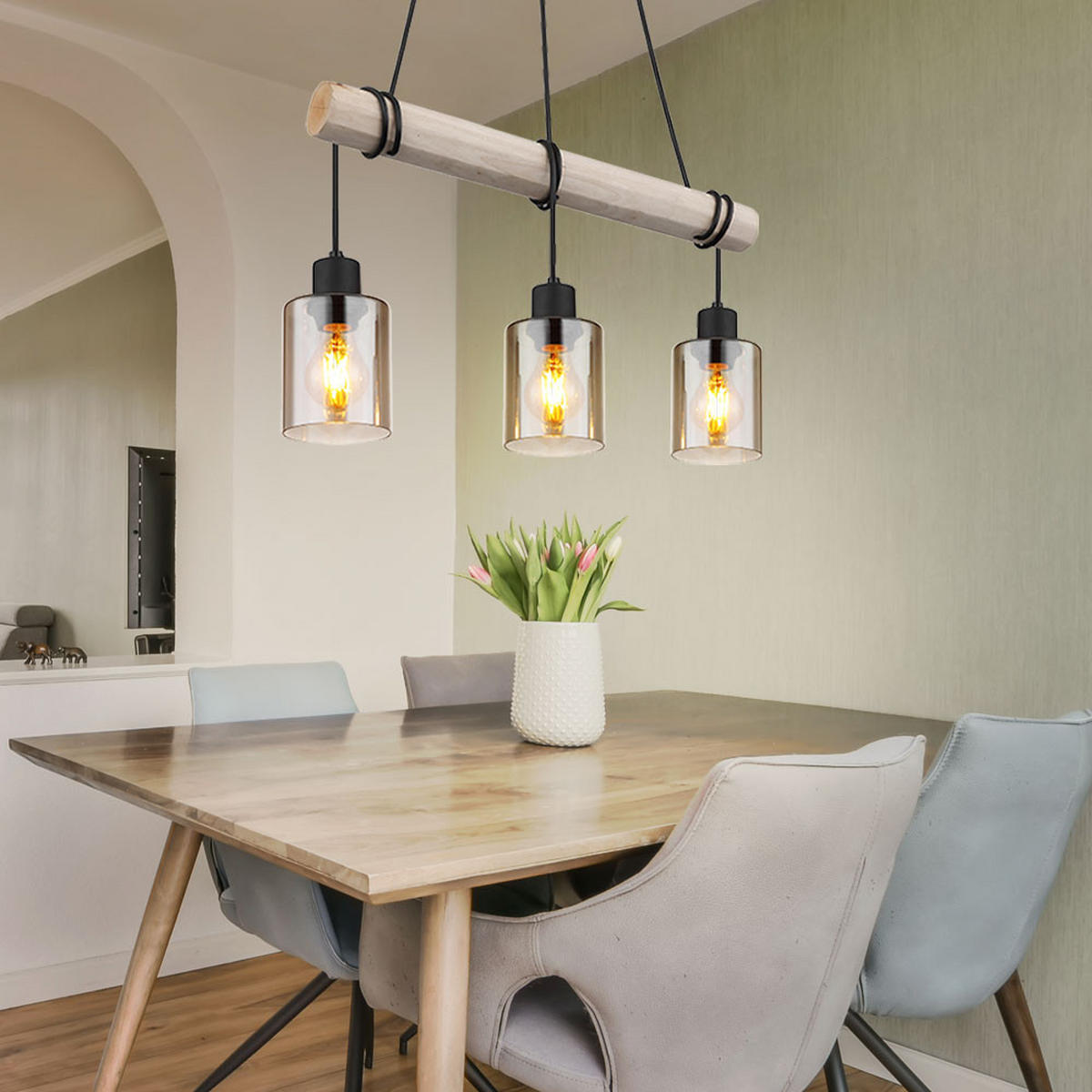 HÄNGELEUCHTE Holz Braun Glas rauchfarben - Braun, Holz (50/10/140cm) - Globo Lighting