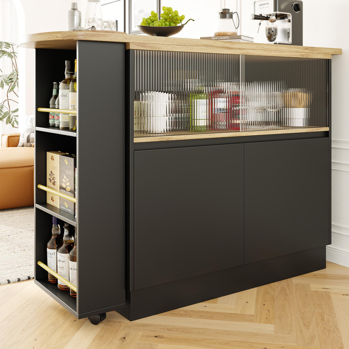 STEHTISCH mit Stauraum und Schiebetüren – Multifunktionaler Bartisch 120 cm - Schwarz, Holzwerkstoff/Metall (90/100/45cm) - Urban Meuble