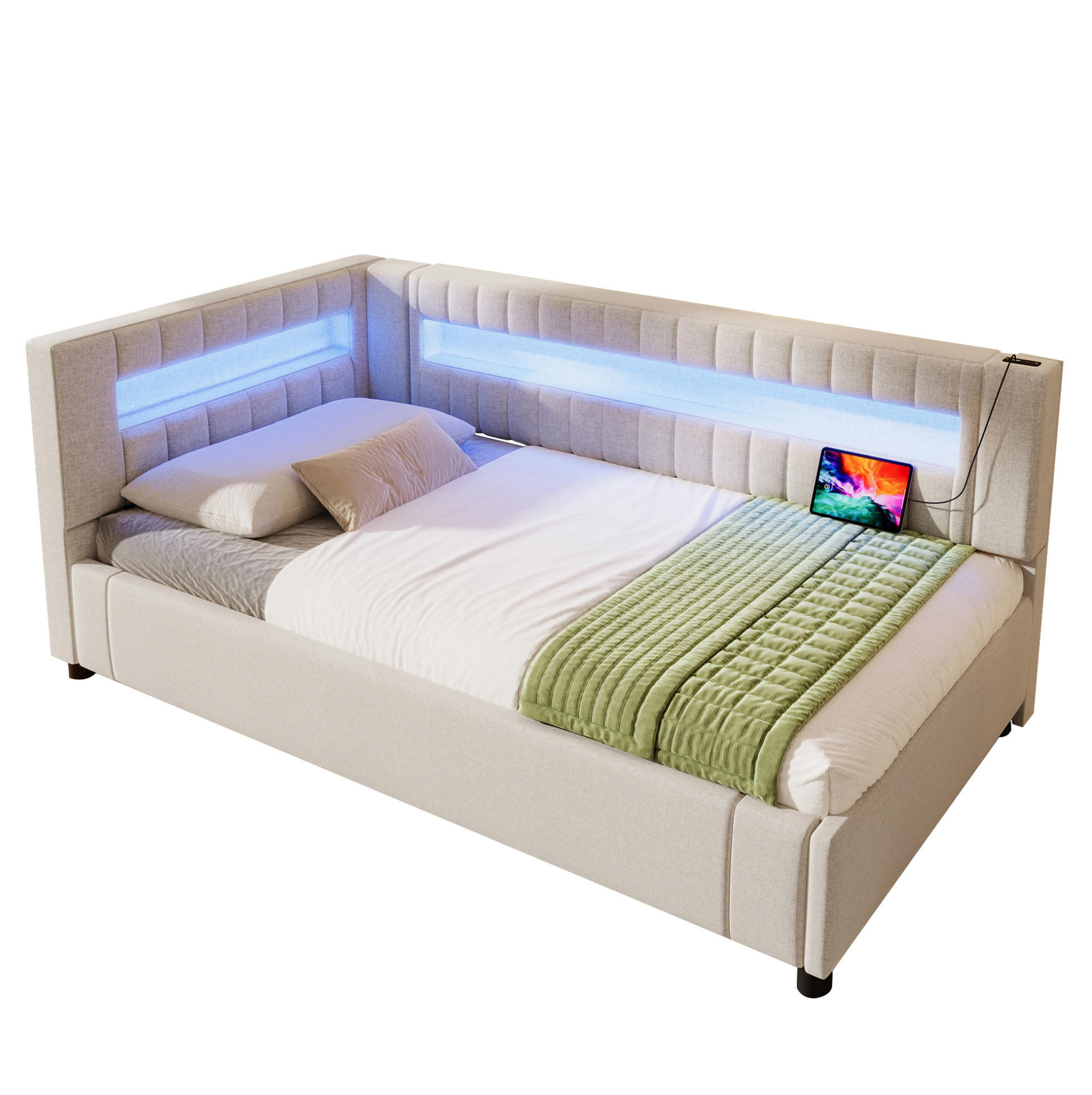 POLSTERBETT mit LED-Beleuchtung 90/200 cm mit Bettkasten in Beige - Beige, Textil (90/200cm) - BEAOK