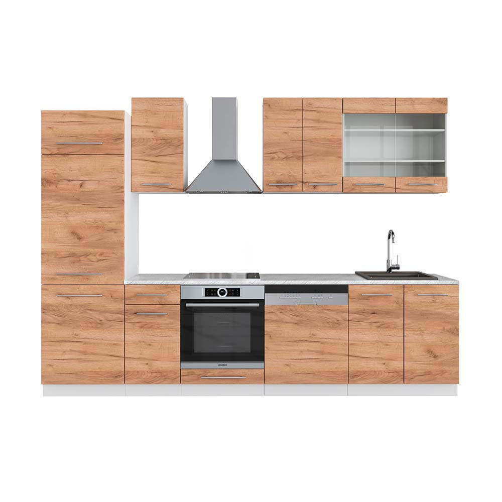 KÜCHENZEILE Fame-Line Goldkraft Eiche/Weiß 300 cm, AP Marmor - Eiche Wotan/Weiß, Holzwerkstoff (300/81.6/60cm) - Vicco