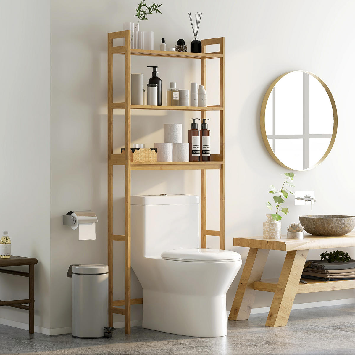 TOILETTENREGAL 3-stöckiges Badregal Standregal mit Kippschutz, Bambus, Natur - Naturfarben, Holz (20/165/68cm) - Kleankin