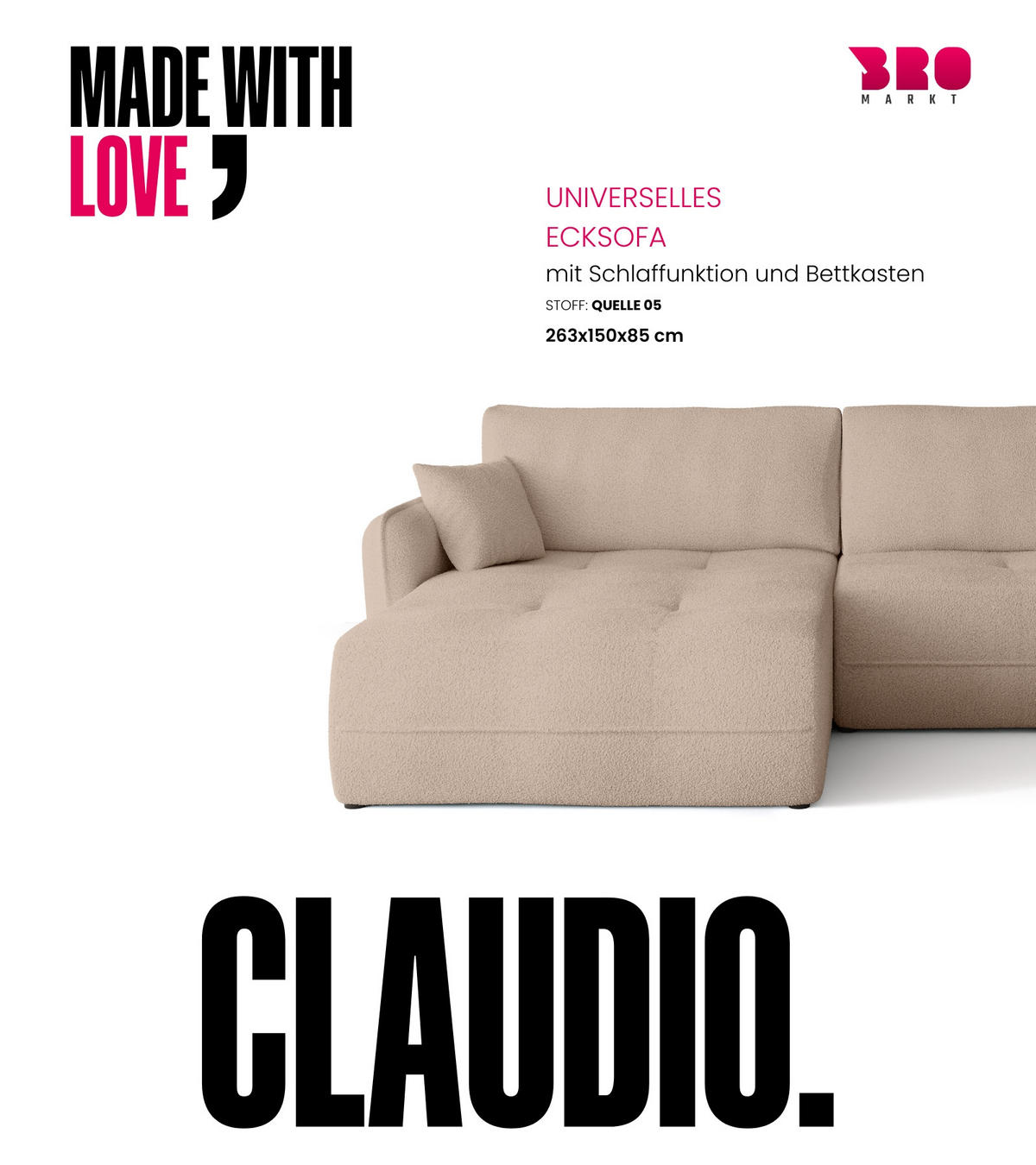 ECKSOFA CLAUDIO mit Schlaffunktion Milchkafee - Creme, Textil (263/150cm) - Bromarkt