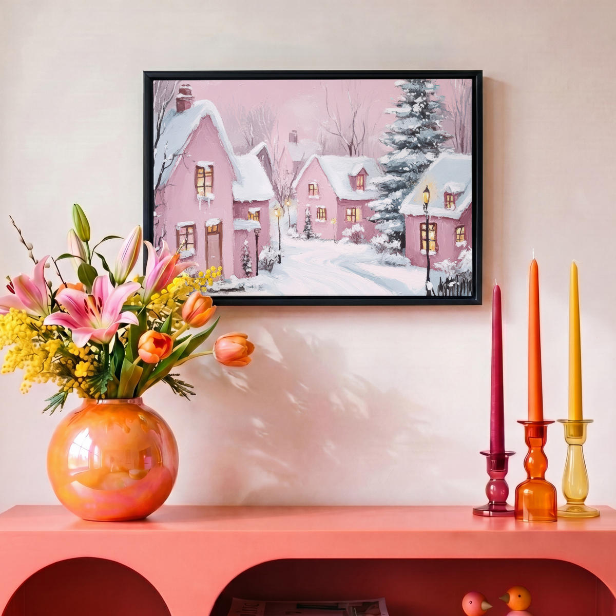 LEINWAND Bilder mit Rahmen - Weihnachtsdorf - Rosa - Winter - Schnee - Häuser - 30x20 - Altrosa, Textil (30/20cm) - MuchoWow