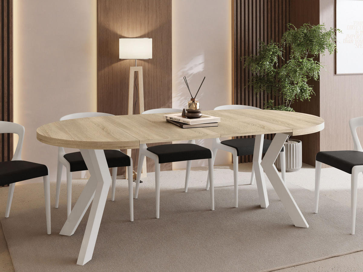ESSTISCH Savio Weiß rund ausziehbar verlängerbar XXL, Eiche Sonoma Hellbraun 100-200/100/77 cm - Weiß/Sonoma Eiche, Holz/Holzwerkstoff (100/100/77cm) - WFL GROUP