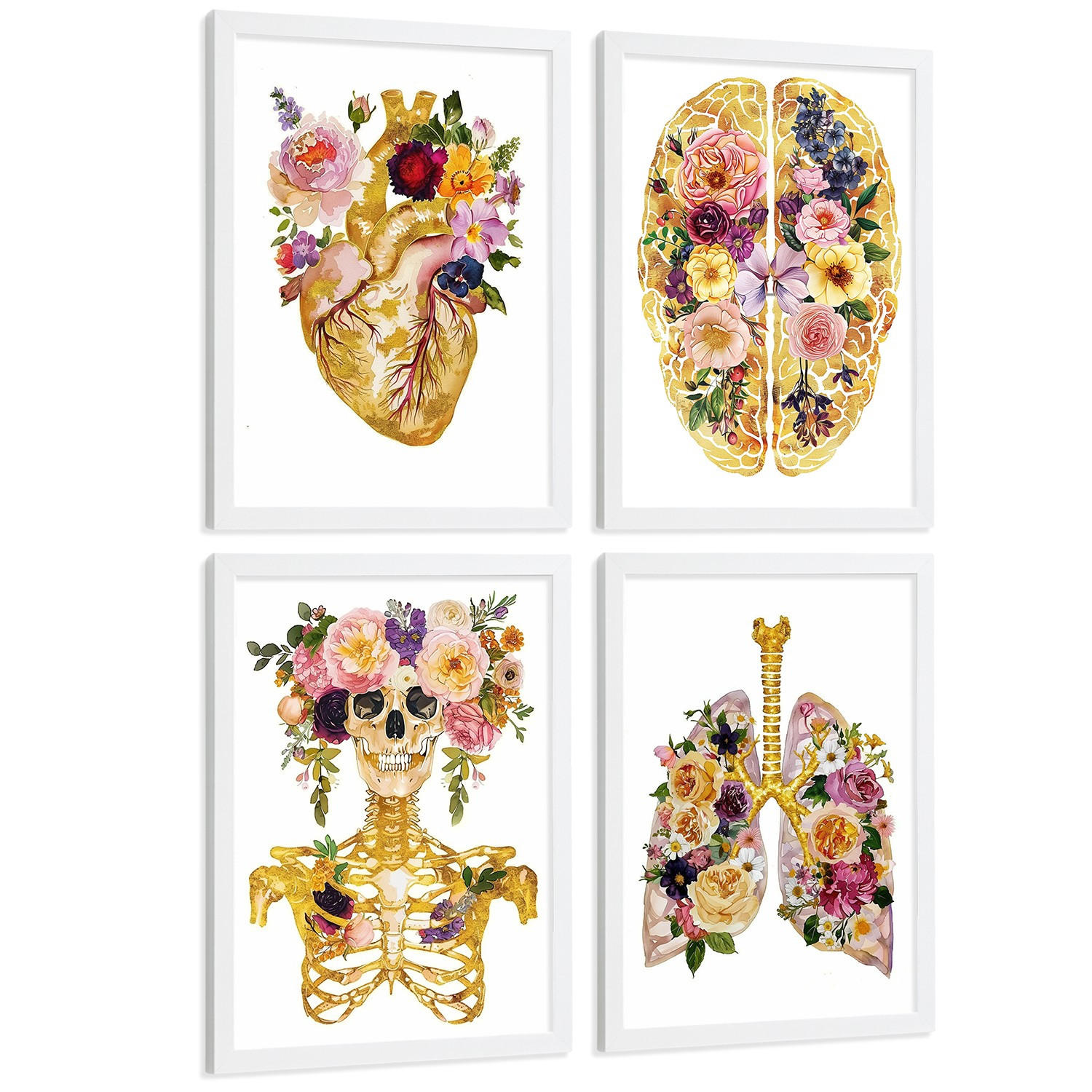 POSTER Set aus 4 Anatomie Mensch Drucke und mit Herz Gehirn Schädel Lungen Luftröhre Bronchien Goldener Floraler Stil Größe Weißer Rahmen A4 - Weiß, Papier (21/29.7/3cm) - Nacnic