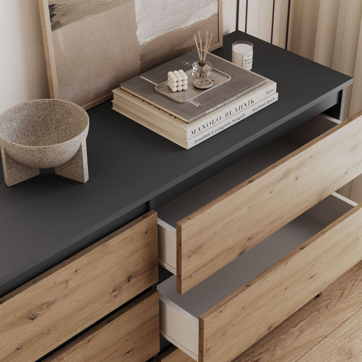 Sideboard HANA M6 Artisan Eiche / Anthrazit 120cm - Eiche Artisan, Holzwerkstoff (120/74.4/30cm) - Lookway