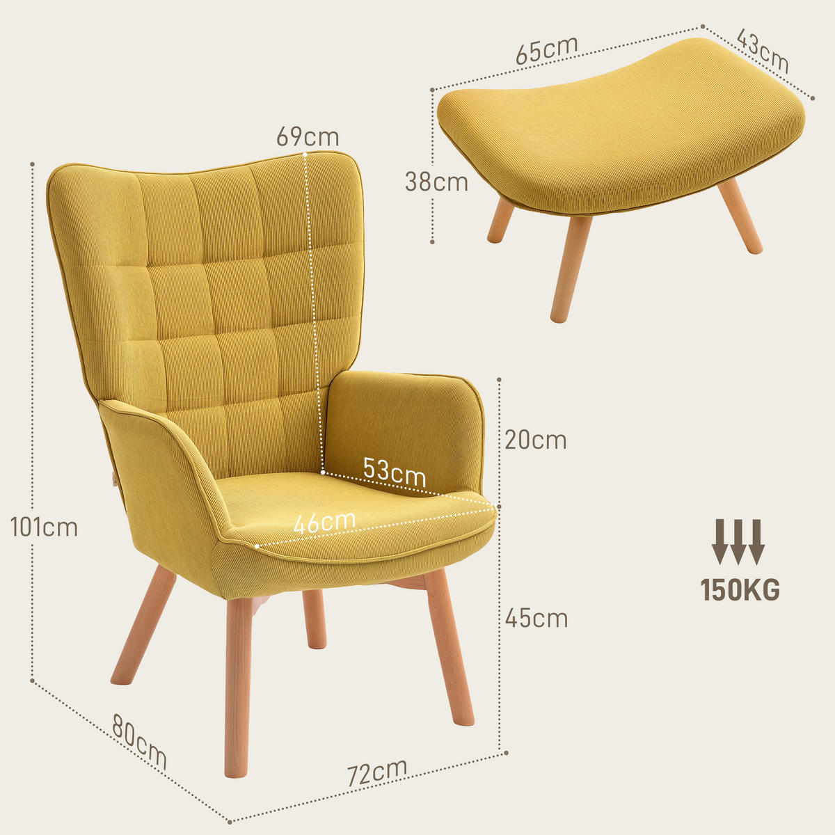 AKZENTSESSEL DE-07538 mit Hocker, Cord-Optik und Holzbeinen Orange - Orange, Textil (80/101/72cm) - ComfortXL