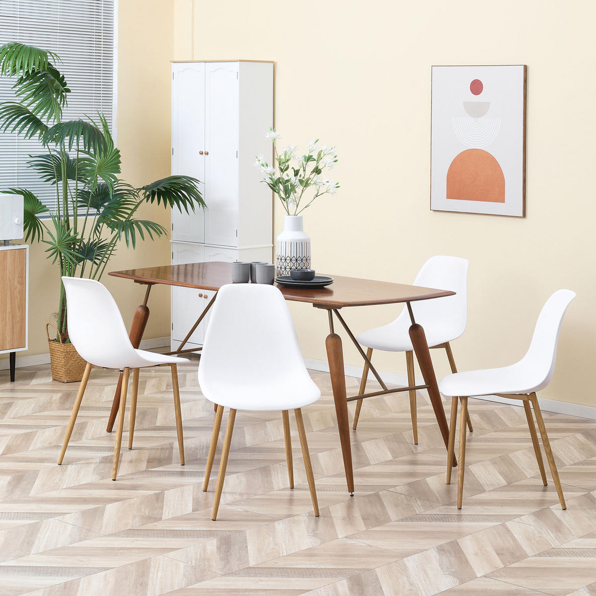 ESSZIMERSTUHL 4er-Set, Metallbeine in Holzoptik, rutschfeste Füße, bis 120 kg, Weiß/Holzdekor - Weiß, Kunststoff (52/85.5/45cm) - HOMCOM