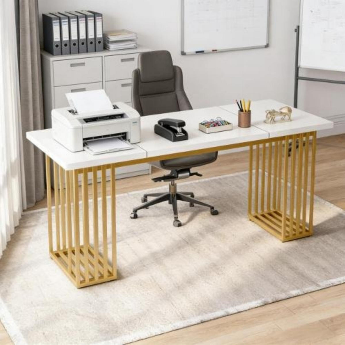 SCHREIBTISCH 180 x 79 x 78 cm Holz Metall White Gold - Weiß, Metall (180/79/79cm) - Meubliv