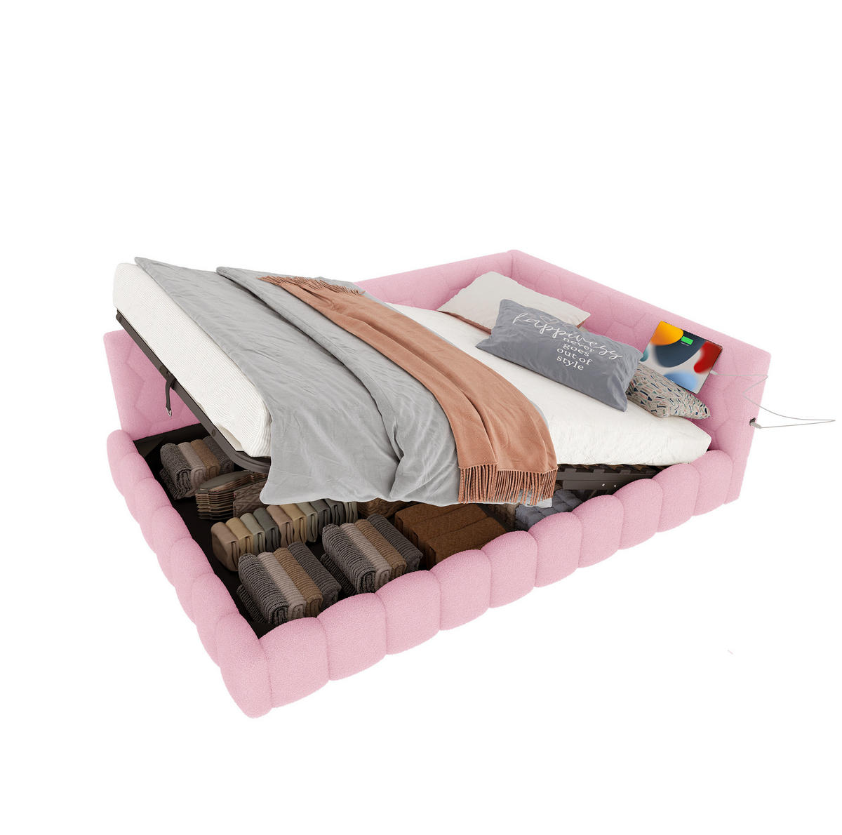 POLSTERBETT 140/200 cm mit Bettkasten, LED-Beleuchtung und USB/Typ-C in Rosa - Rosa, Textil (140/200cm) - BEAOK