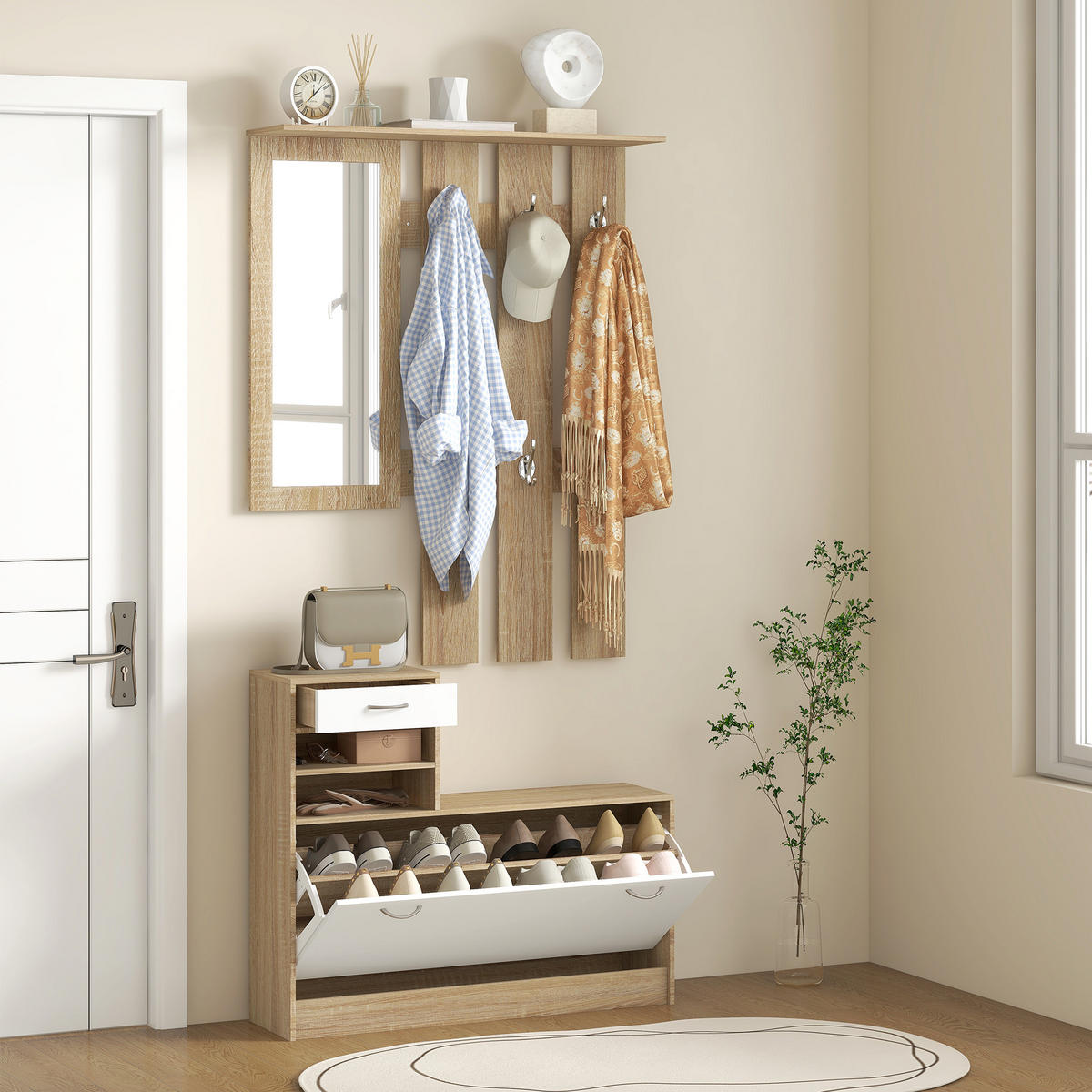 GARDEROBENSET Weiß 3-teilig mit Spiegel und Schuhschrank - Weiß, Holzwerkstoff (90/91/10cm) - PANGIVO